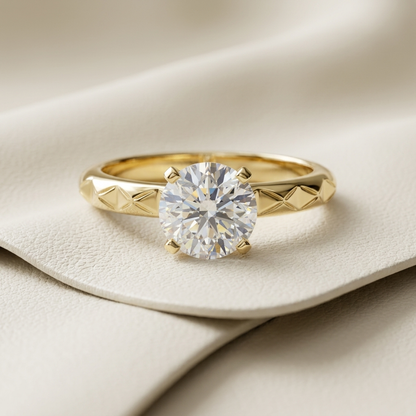 Geometric diamond gold ring
Round solitaire gold ring
Yellow gold engagement ring
Textured gold diamond ring
Modern solitaire ring
Diamond pattern gold ring
Elegant gold diamond ring
Luxury solitaire ring
Round diamond gold ring
Geometric engagement ring