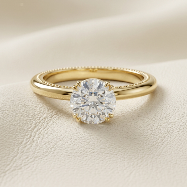 1.00 Carat Round Cut Milgrain Solitaire Lab Grown Diamond Engagement Ring in yellow gold
