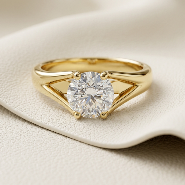 1.00 Carat Round Cut Architectural Solitaire Lab Grown Diamond Engagement Ring in yellow gold