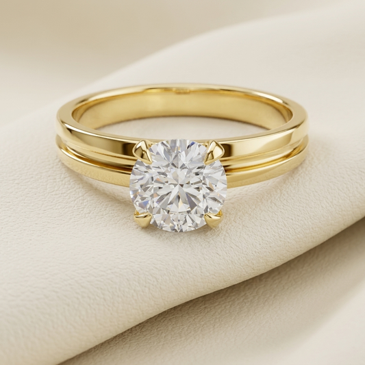 Stepped band diamond ring
Round solitaire gold ring
Yellow gold diamond ring
Modern stepped band ring
Round engagement ring
Gold solitaire ring
Elegant diamond ring
Luxury gold ring
Minimalist solitaire ring
Classic round diamond ring