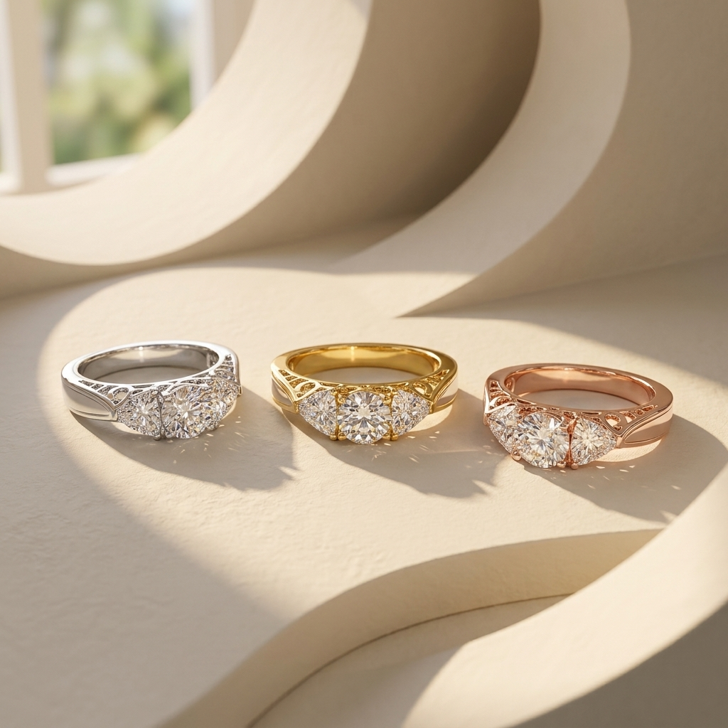 Three tone diamond rings
Round three stone rings
White gold diamond ring
Yellow gold diamond ring
Rose gold diamond ring
Three stone engagement rings
Diamond ring collection
Trio of diamond rings
Luxury diamond ring set
Gold three stone rings