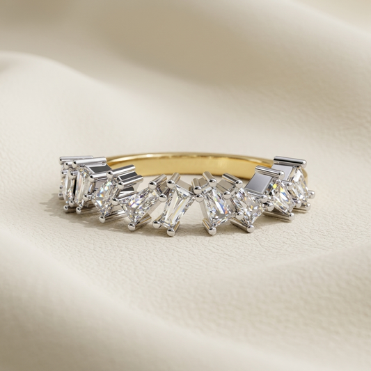 Yellow gold band with scattered baguette diamond arrangement
Brilliant elongated diamonds set in an artistic cascading pattern
Modern gold band featuring angled rectangular diamond accents
Sculptural diamond band with irregular baguette stone placement
Sparkling geometric band showcasing dynamic elongated diamonds
Fine jewelry band with asymmetrical rectangular diamond settings
Contemporary yellow gold band featuring clustered baguette stones
Radiant diamond band with multidirectional geometric stone detail