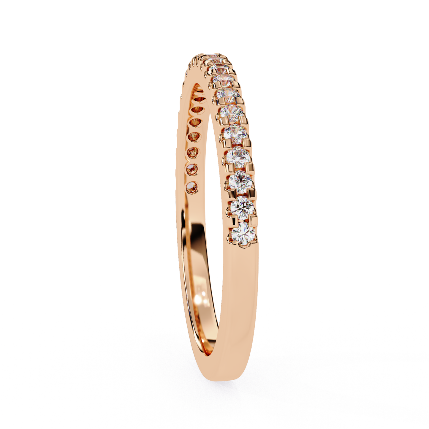 Side view of round diamond half eternity band in rose gold