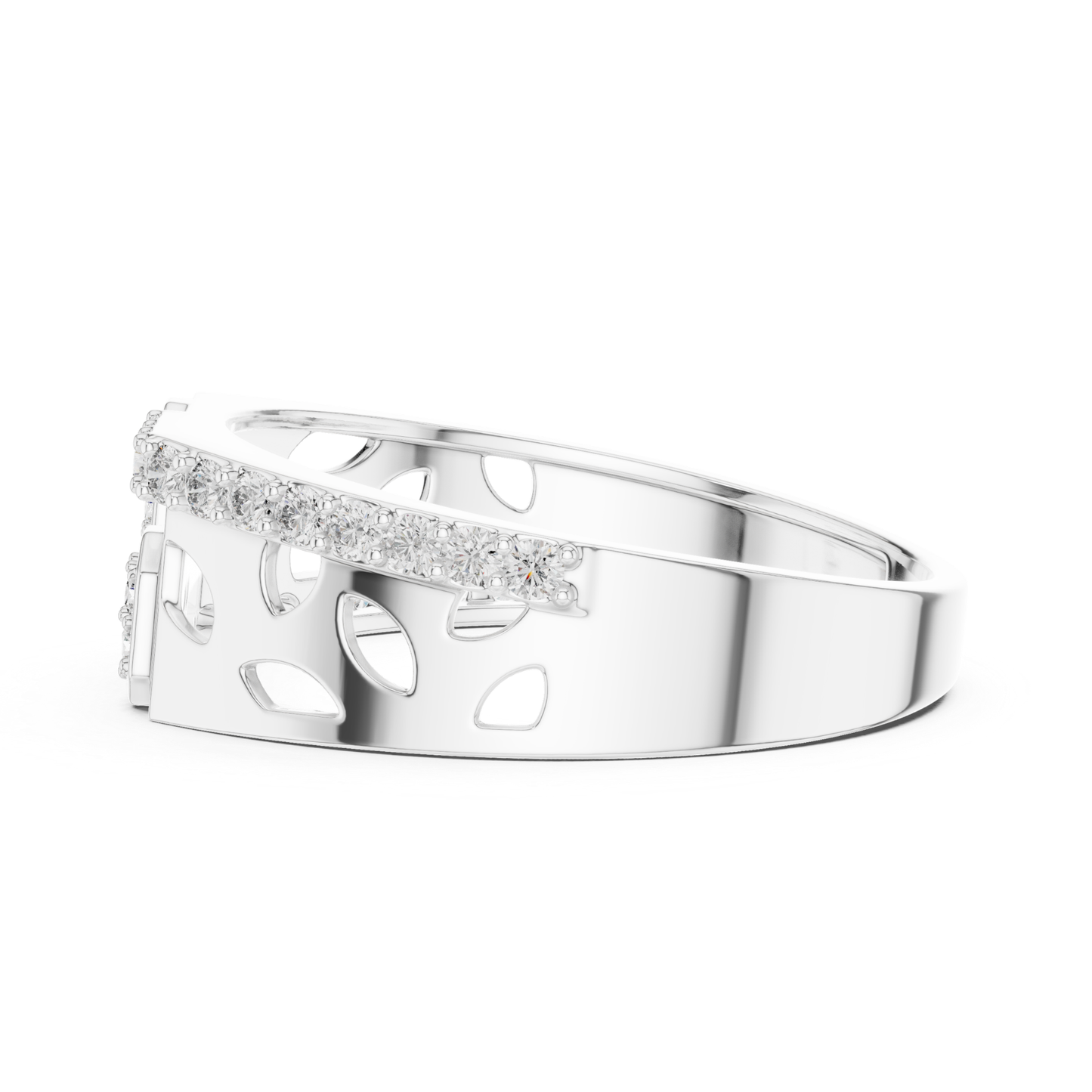 Side profile diamond border white gold ring
White gold band with diamond edge detailing
Openwork white gold ring from side view
Diamond lined white gold band with cutouts
Geometric white gold ring with diamond border
Wide white gold band featuring open gallery design
Contemporary white gold ring with diamond row
Architectural white gold band from side angle
Structured white gold ring with openwork pattern
White gold diamond border band side view