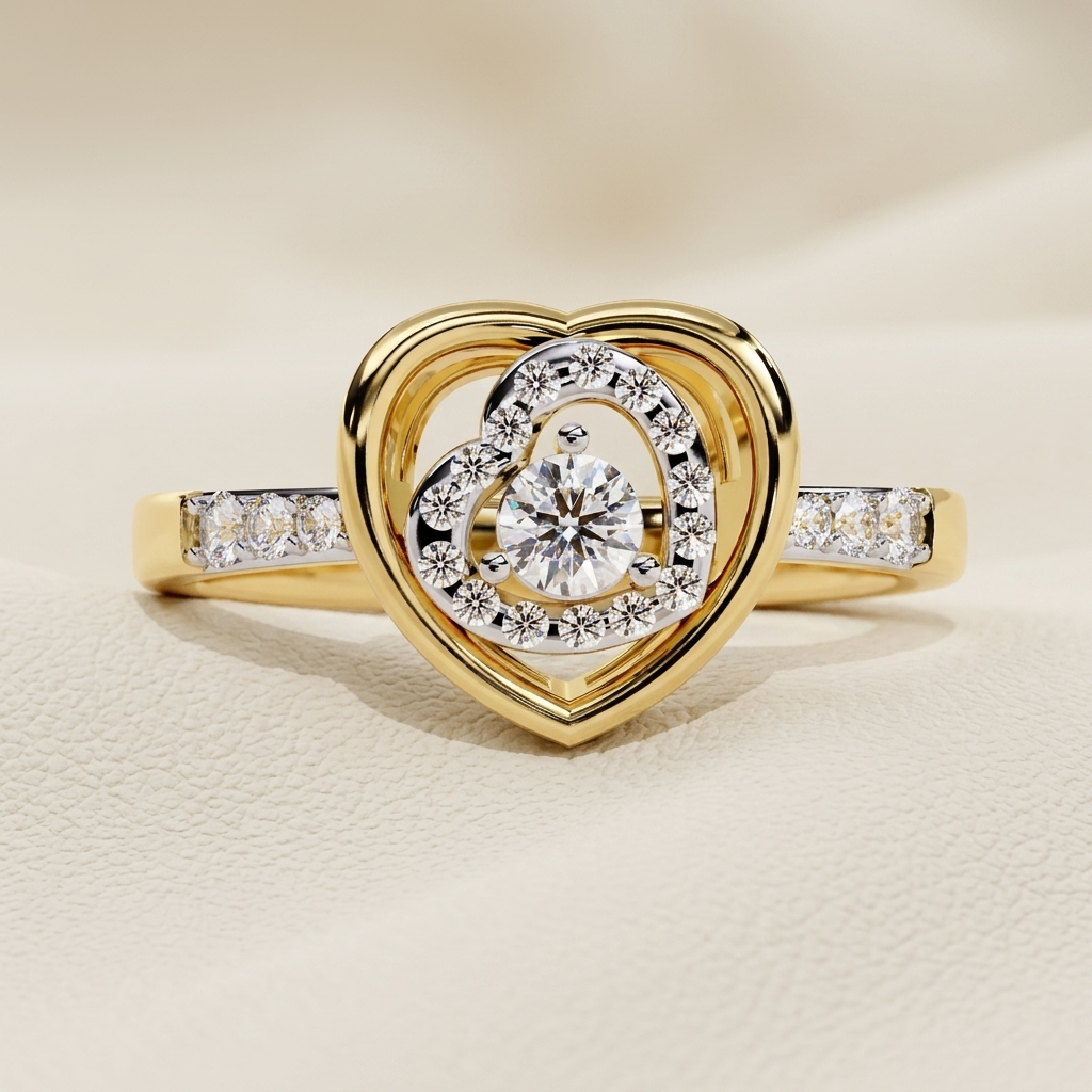Yellow gold heart ring with spiral diamond center design
Round center diamond framed by a swirling heart motif
Artistic heart shaped ring featuring circular diamond accents
Luxury yellow gold diamond ring with sculpted heart centerpiece
Brilliant round diamond set inside an intricate heart swirl
Fine jewelry heart ring with curved diamond halo detailing
Unique open heart ring featuring a radiant central diamond
Contemporary gold heart ring with flowing diamond spiral pattern
Statement diamond ring with laye