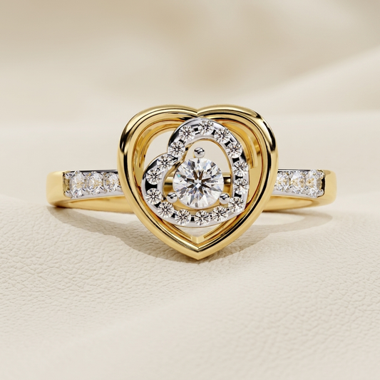 Yellow gold heart ring with spiral diamond center design
Round center diamond framed by a swirling heart motif
Artistic heart shaped ring featuring circular diamond accents
Luxury yellow gold diamond ring with sculpted heart centerpiece
Brilliant round diamond set inside an intricate heart swirl
Fine jewelry heart ring with curved diamond halo detailing
Unique open heart ring featuring a radiant central diamond
Contemporary gold heart ring with flowing diamond spiral pattern
Statement diamond ring with laye