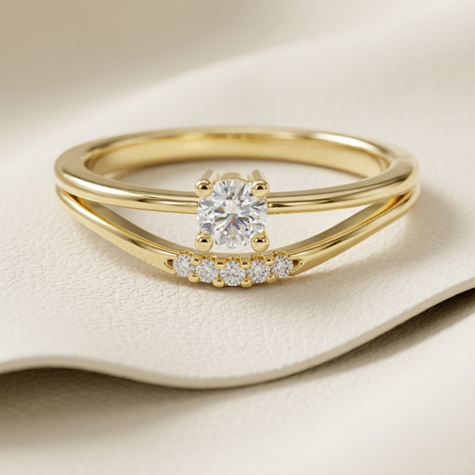 Yellow gold solitaire ring with round diamond and curved accent band
Elegant round diamond ring featuring a split gold shank design
Modern gold engagement ring with sparkling diamond accent row
Luxury solitaire ring with curved double band and center diamond
Contemporary yellow gold ring with brilliant round center stone
Fine jewelry diamond ring featuring an artistic split band setting
Designer gold solitaire ring with five small diamond accents
Unique round diamond engagement ring with flowing curved shan