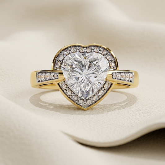Yellow gold heart diamond ring with split halo detailing
Large heart cut center diamond framed by curved pavé accents
Elegant heart shaped diamond ring with geometric halo design
Brilliant heart diamond centerpiece set within a sculpted gold frame
Luxury yellow gold ring featuring divided diamond halo sections
Radiant heart cut stone with sparkling channel set band accents
Contemporary diamond ring showcasing a bold heart centerpiece
Fine jewelry heart ring with symmetrical pavé border detailing
Statement y