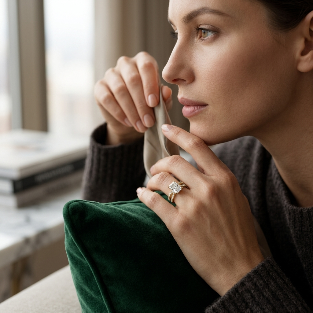 Woman wearing square diamond ring with split gold bands
Elegant lifestyle shot with cushion style diamond ring
Luxury gold ring with double band and center diamond
Fine jewelry engagement ring with layered band design
Premium ring with square diamond and pavé accents
Stylish hand pose with modern split band ring
Sophisticated gold ring with bold center diamond
Contemporary engagement ring with dual band detailing
High end diamond ring styled in cozy lifestyle setting
Classic gold ring with square diamond on