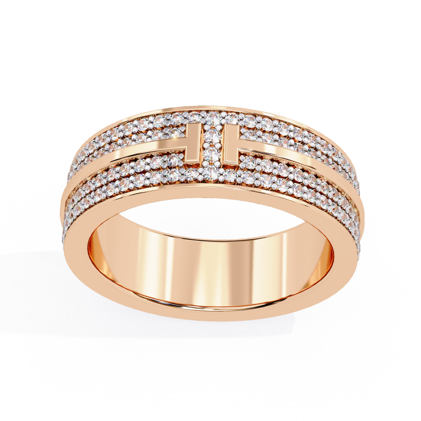 Pave diamond band with T motif in rose gold