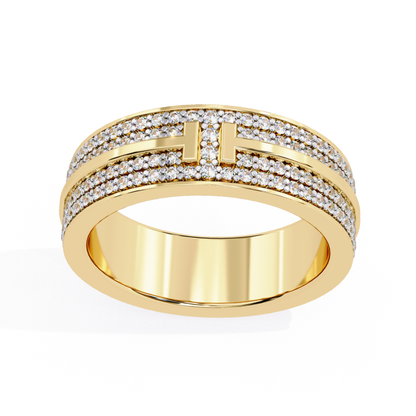 Pave diamond band with T motif in yellow gold