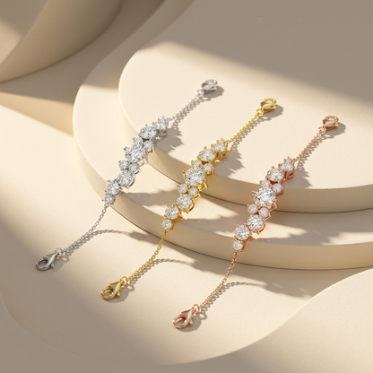 Three cascading diamond cluster bracelets in white yellow and rose gold
Delicate chain bracelets with graduated brilliant diamond centers
White gold scattered diamond bracelet arranged on curved podium
Yellow gold flowing diamond cluster bracelet in sunlight
Rose gold graduated stone bracelet with fine chain links
Luxury trio of diamond spray bracelets with lobster clasps
Artistic multi stone bracelets displayed across layered cream platforms
Three-tone diamond constellation chain bracelet jewelry showcase
