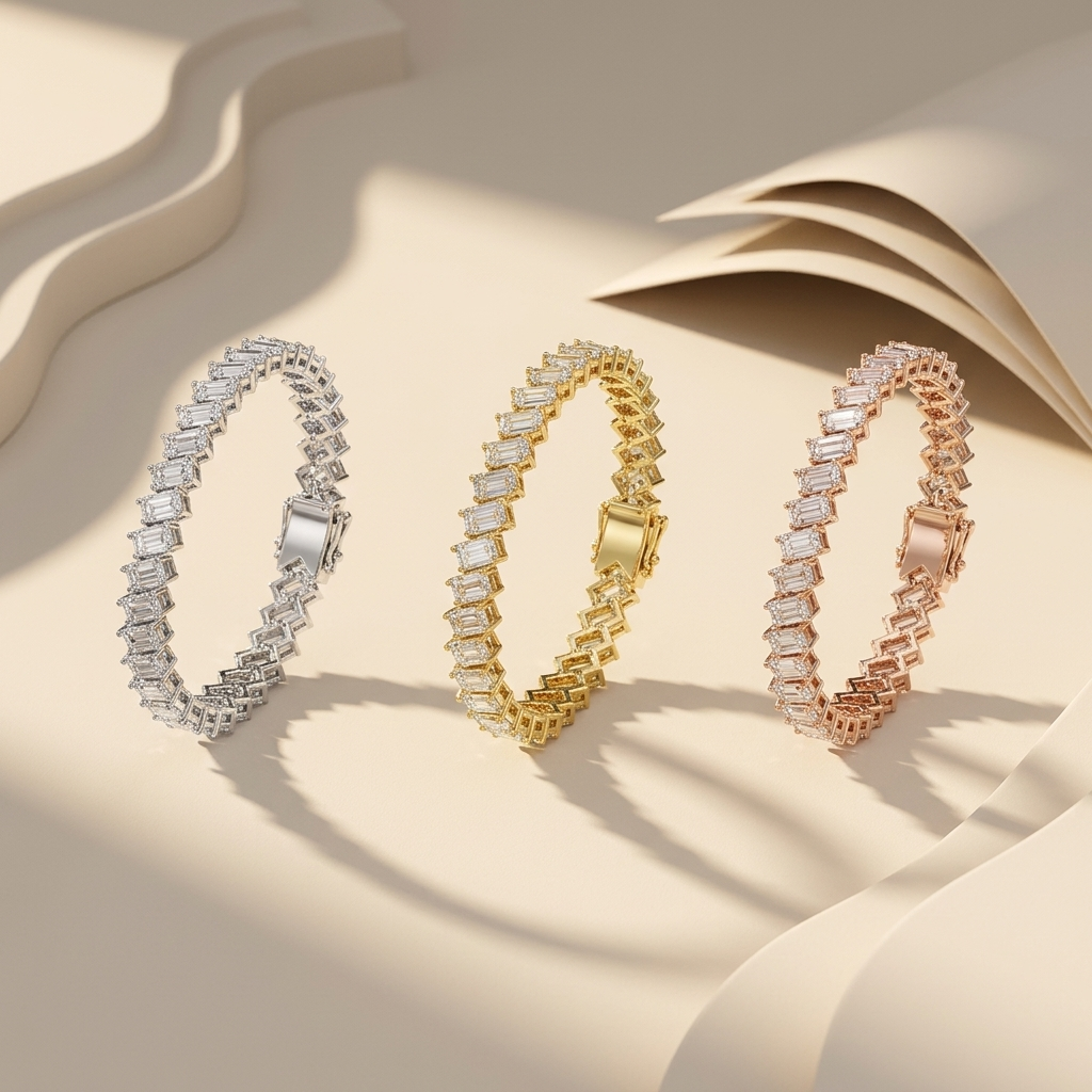 Three-tone diagonal emerald diamond bracelets standing upright
White gold slant set rectangular diamond bracelet display
Yellow gold geometric step cut diamond bracelet centerpiece
Rose gold angled emerald diamond bracelet in luxury setting
Trio of vertical diamond bracelets with zigzag link design
Sculptural mixed gold bracelets featuring tilted emerald stones
Modern rectangular diamond bracelets arranged on beige podium
White yellow and rose gold slanted diamond jewelry showcase
Designer geometric diamond
