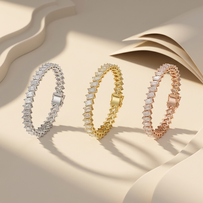 Three-tone diagonal emerald diamond bracelets standing upright
White gold slant set rectangular diamond bracelet display
Yellow gold geometric step cut diamond bracelet centerpiece
Rose gold angled emerald diamond bracelet in luxury setting
Trio of vertical diamond bracelets with zigzag link design
Sculptural mixed gold bracelets featuring tilted emerald stones
Modern rectangular diamond bracelets arranged on beige podium
White yellow and rose gold slanted diamond jewelry showcase
Designer geometric diamond