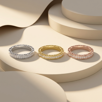 Three diamond eternity bands set
Gold silver rose gold band rings
Luxury eternity band rings collection
Elegant diamond bands in three metals
Premium eternity band rings display
Modern diamond eternity bands style
Fine jewelry band rings showcase
Classic eternity bands lineup
Beautiful multi color band rings
Stylish diamond eternity bands set