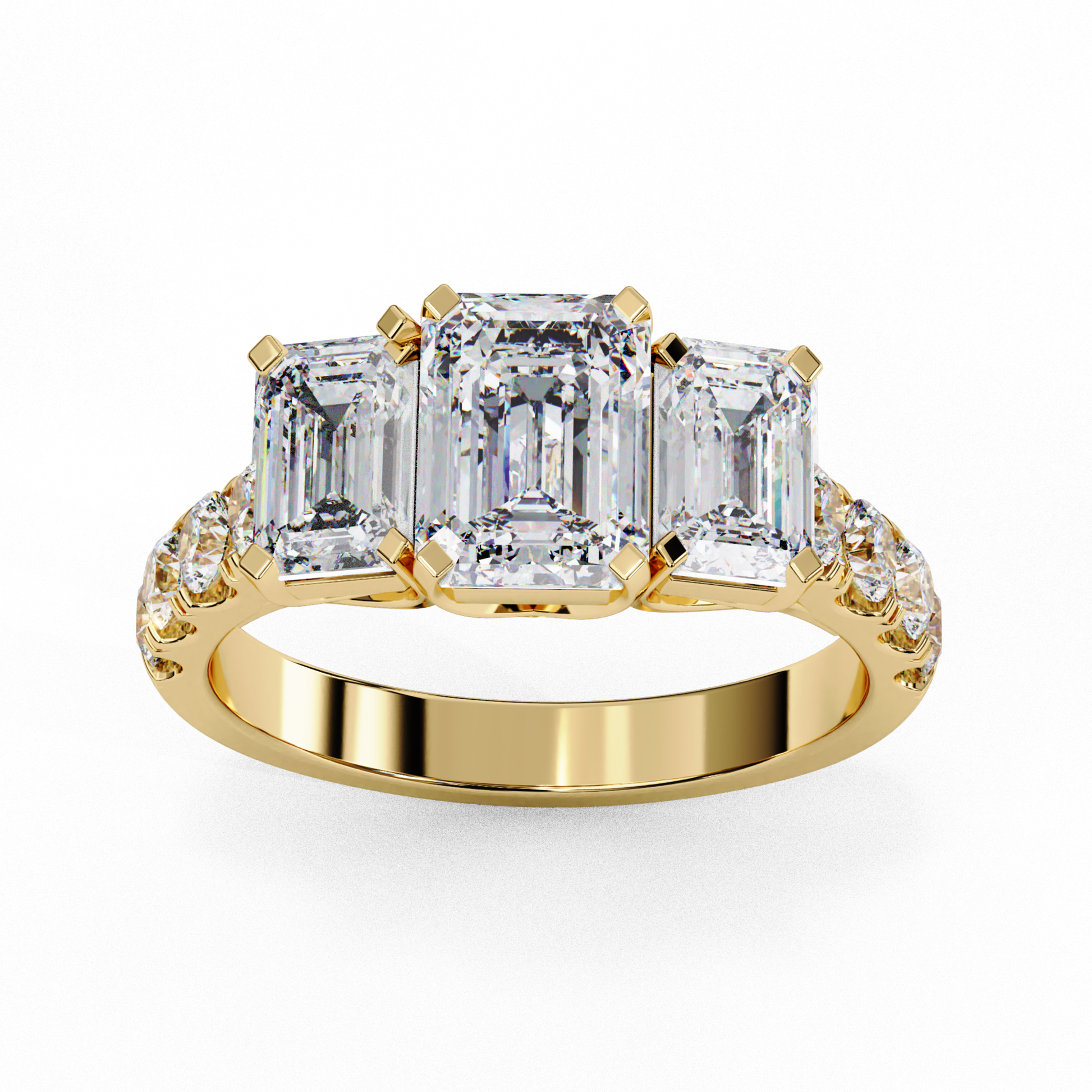 Three emerald cut diamonds
Yellow gold three stone ring
Classic three stone diamond
Emerald diamonds in gold
Side view of three stone ring
Elegant yellow gold ring
Three emerald cut diamonds with accents
Diamond ring with emerald cuts
Yellow gold band with diamonds
Three diamond emerald cut design