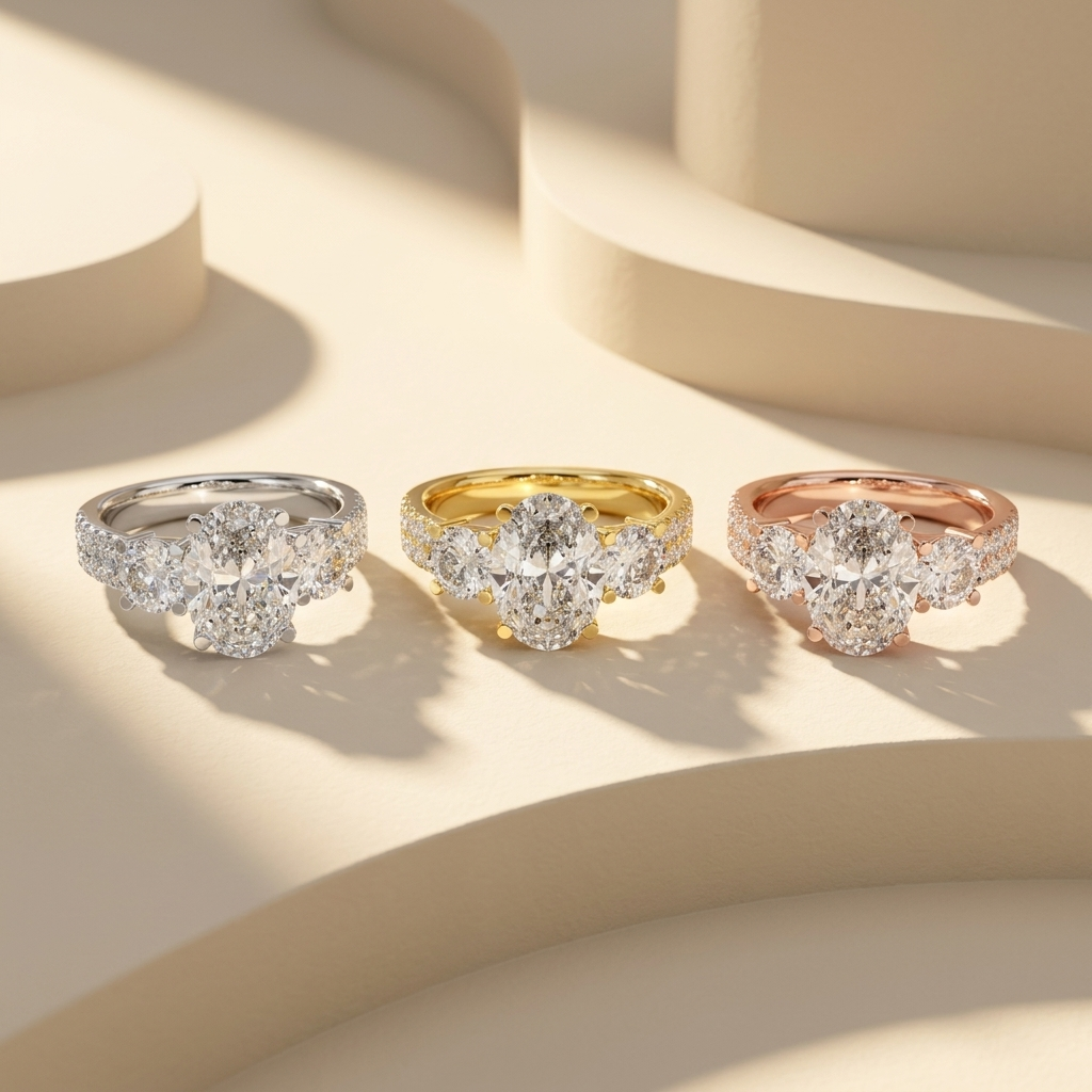 Three oval diamond rings set display
Gold silver rose gold diamond rings
Luxury oval diamond rings collection
Elegant three stone diamond rings
Premium diamond rings trio design
Modern oval diamond rings style
Fine jewelry diamond rings showcase
Classic oval diamond rings lineup
Beautiful luxury ring collection
Stylish diamond rings in three metals