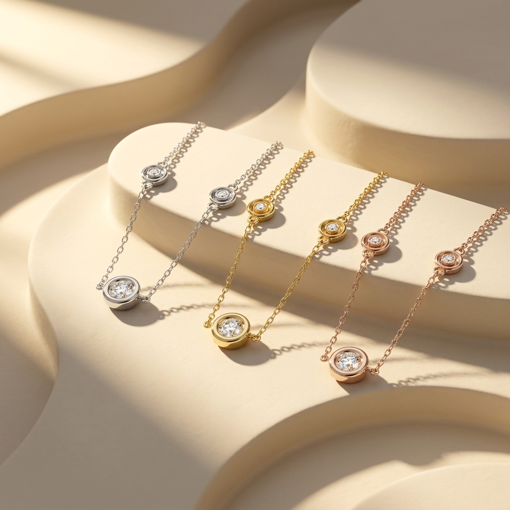 Three tone bezel set diamond station necklaces in white yellow and rose gold
White yellow and rose gold bezel set diamond necklace collection
Luxury bezel set diamond station necklaces in three gold finishes
Elegant round bezel diamond necklaces with delicate chains
Fine jewelry bezel set diamond station necklace collection
Premium diamond station necklaces in white yellow and rose gold
Designer bezel set round diamond necklace collection
Modern minimalist bezel set diamond necklaces in three gold colors
Sp