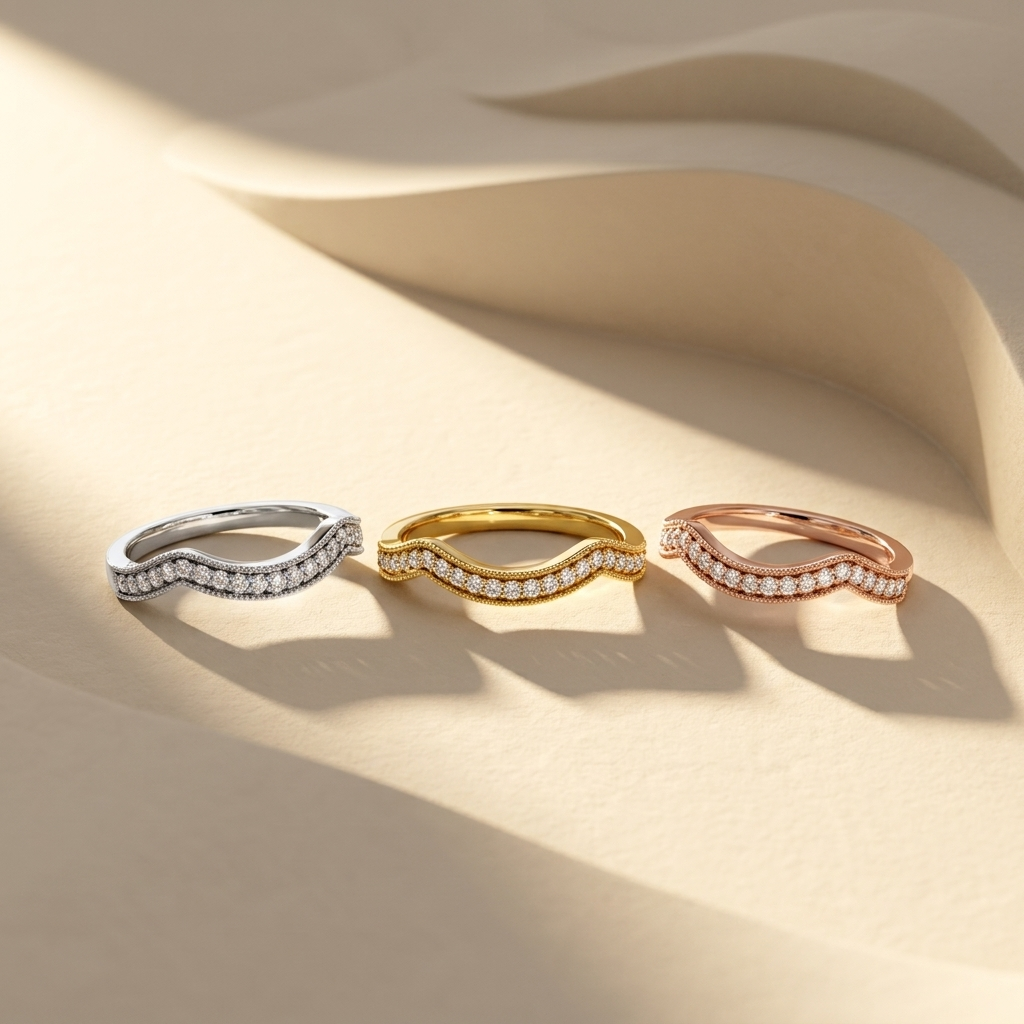 Three tone curved diamond chevron bands in white yellow and rose gold
White yellow and rose gold wave diamond band collection
Luxury curved diamond bands in three gold finishes
Elegant chevron diamond band collection with round brilliant diamonds
Fine jewelry curved diamond bands displayed together
Premium wave diamond bands in white yellow and rose gold
Designer curved diamond band collection with milgrain detailing
Modern chevron diamond bands in three gold colors
Sparkling curved diamond band collection 