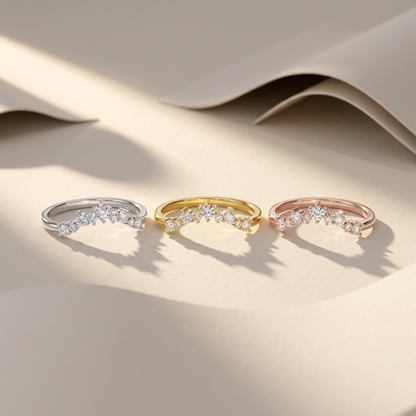 Three tone curved diamond crown bands in white yellow and rose gold
White yellow and rose gold crown diamond band collection
Luxury curved diamond crown bands in three gold finishes
Elegant crown style diamond bands with round brilliant diamonds
Fine jewelry curved diamond crown band collection
Premium crown diamond bands in white yellow and rose gold
Designer curved diamond crown bands displayed together
Modern crown shaped diamond bands in three gold colors
Sparkling curved diamond crown band collection 