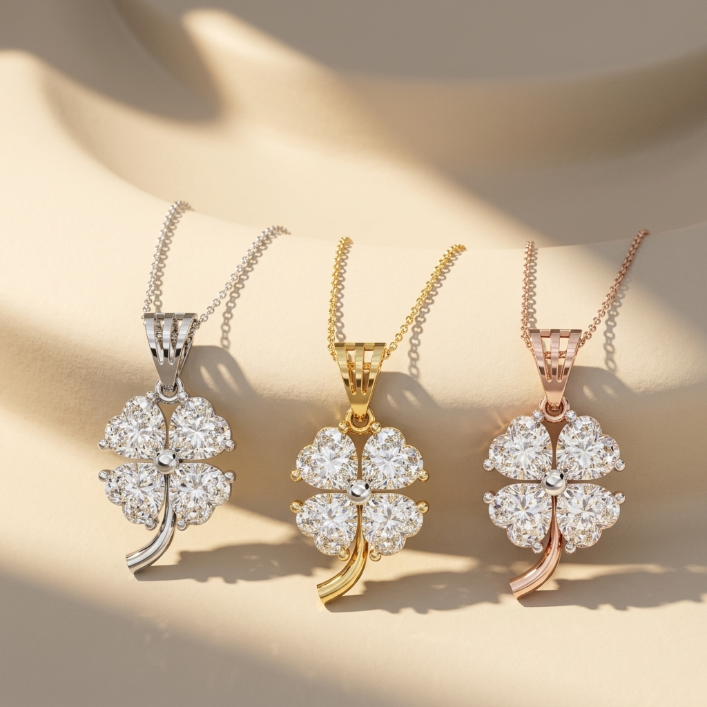 Three tone diamond clover pendant necklaces in white yellow and rose gold
Luxury four leaf clover diamond pendant necklace collection
White yellow and rose gold diamond clover necklaces
Elegant diamond clover pendant with fine chain
Sparkling floral diamond pendant necklaces in three gold finishes
Fine jewelry clover diamond pendant set on display
Premium diamond flower pendant necklaces in multiple gold colors
Designer four leaf diamond pendant necklaces close up
Modern diamond clover necklaces with white 