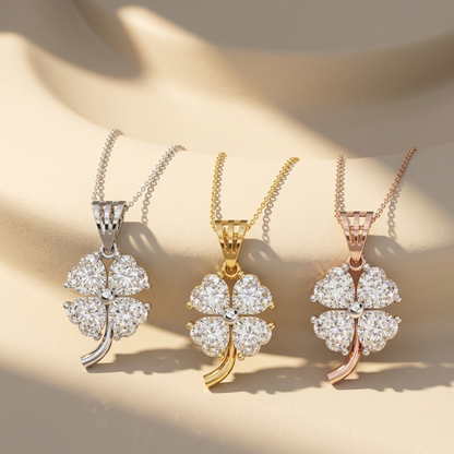 Three tone diamond clover pendant necklaces in white yellow and rose gold
Luxury four leaf clover diamond pendant necklace collection
White yellow and rose gold diamond clover necklaces
Elegant diamond clover pendant with fine chain
Sparkling floral diamond pendant necklaces in three gold finishes
Fine jewelry clover diamond pendant set on display
Premium diamond flower pendant necklaces in multiple gold colors
Designer four leaf diamond pendant necklaces close up
Modern diamond clover necklaces with white 