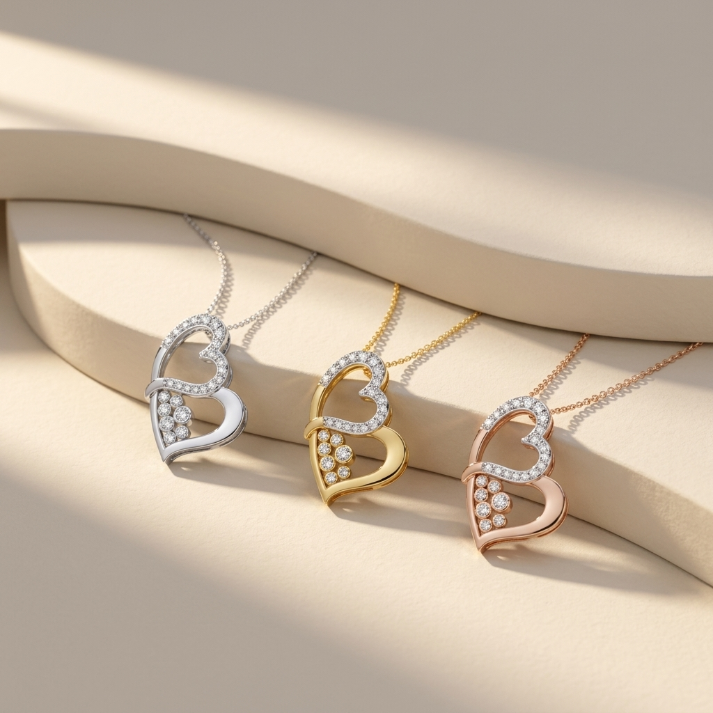 White yellow and rose gold double heart diamond pendants
Three gold tone heart pendants with sparkling diamond clusters
Elegant double heart pendants displayed in mixed gold finishes
Luxury diamond heart pendant trio featuring layered curved designs
Radiant heart pendants with pavé diamonds and round stone accents
Fine jewelry double heart pendant collection in three gold colors
Artistic open heart pendants embellished with brilliant diamond details
Contemporary diamond heart pendant trio under warm natural