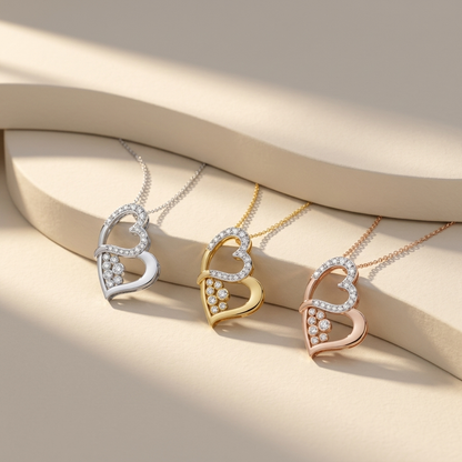 White yellow and rose gold double heart diamond pendants
Three gold tone heart pendants with sparkling diamond clusters
Elegant double heart pendants displayed in mixed gold finishes
Luxury diamond heart pendant trio featuring layered curved designs
Radiant heart pendants with pavé diamonds and round stone accents
Fine jewelry double heart pendant collection in three gold colors
Artistic open heart pendants embellished with brilliant diamond details
Contemporary diamond heart pendant trio under warm natural