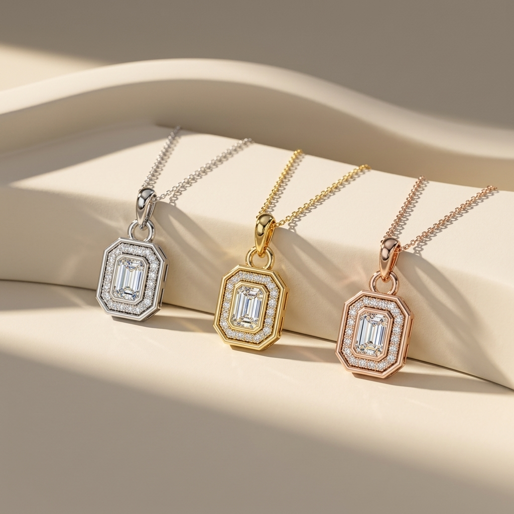 Three tone emerald cut diamond halo pendant necklaces in white yellow and rose gold
White yellow and rose gold emerald cut diamond pendant collection
Luxury emerald cut diamond halo pendants in three gold finishes
Elegant octagonal emerald cut diamond pendant necklaces
Fine jewelry emerald cut diamond pendant collection with halo setting
Premium emerald cut diamond necklaces in white yellow and rose gold
Designer geometric diamond pendant collection with emerald cut center stones
Modern emerald cut halo pen
