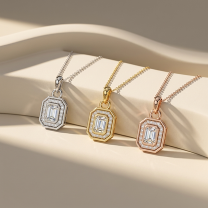 Three tone emerald cut diamond halo pendant necklaces in white yellow and rose gold
White yellow and rose gold emerald cut diamond pendant collection
Luxury emerald cut diamond halo pendants in three gold finishes
Elegant octagonal emerald cut diamond pendant necklaces
Fine jewelry emerald cut diamond pendant collection with halo setting
Premium emerald cut diamond necklaces in white yellow and rose gold
Designer geometric diamond pendant collection with emerald cut center stones
Modern emerald cut halo pen