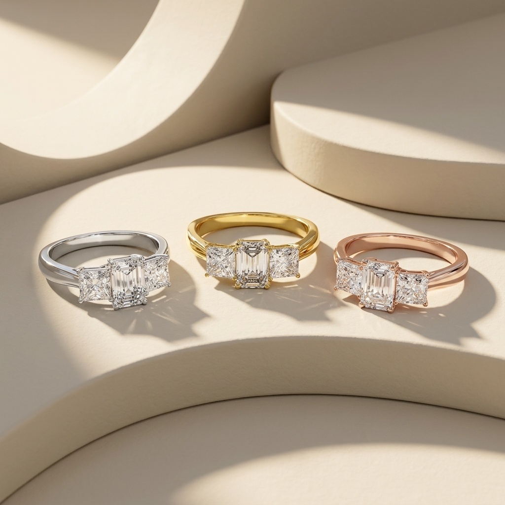 Three tone diamond rings
Emerald cut diamond rings
Three stone diamond rings
White gold diamond ring
Yellow gold diamond ring
Rose gold diamond ring
Emerald cut gold ring
Diamond ring collection
Luxury three stone rings
Trio of diamond rings
