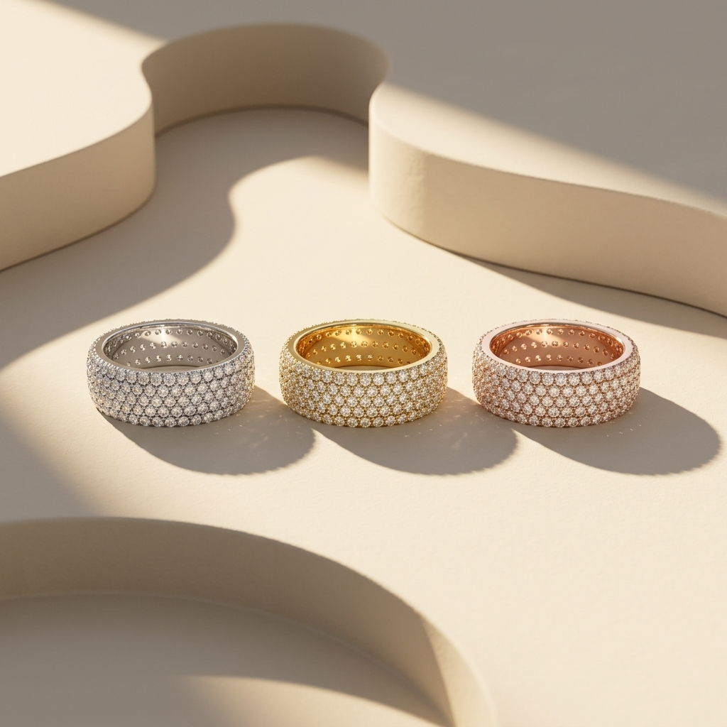 Three tone five row pavé diamond bands in white yellow and rose gold
White yellow and rose gold wide pavé diamond band collection
Luxury multi row diamond bands in three gold finishes
Elegant five row pavé diamond band collection
Fine jewelry wide diamond bands displayed together
Premium pavé diamond bands in white yellow and rose gold
Designer wide diamond band collection with brilliant round diamonds
Modern five row diamond bands in three gold colors
Sparkling pavé diamond band collection for everyday lux