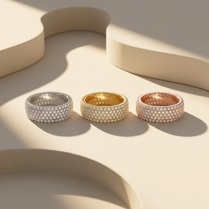 Three tone five row pavé diamond bands in white yellow and rose gold
White yellow and rose gold wide pavé diamond band collection
Luxury multi row diamond bands in three gold finishes
Elegant five row pavé diamond band collection
Fine jewelry wide diamond bands displayed together
Premium pavé diamond bands in white yellow and rose gold
Designer wide diamond band collection with brilliant round diamonds
Modern five row diamond bands in three gold colors
Sparkling pavé diamond band collection for everyday lux