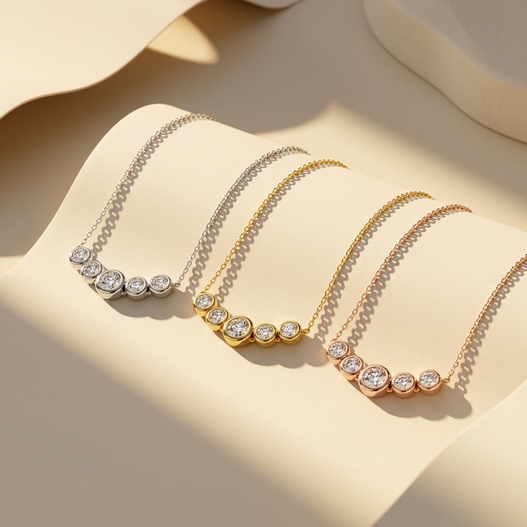 Three tone five stone bezel diamond necklaces in white yellow and rose gold
White yellow and rose gold five stone bezel diamond necklace collection
Luxury bezel set five diamond necklaces in three gold finishes
Elegant five stone round diamond necklaces with delicate chains
Fine jewelry five stone bezel diamond necklace collection
Premium bezel set diamond necklaces in white yellow and rose gold
Designer five stone diamond necklace collection for women
Modern bezel set five diamond necklaces in three gold c