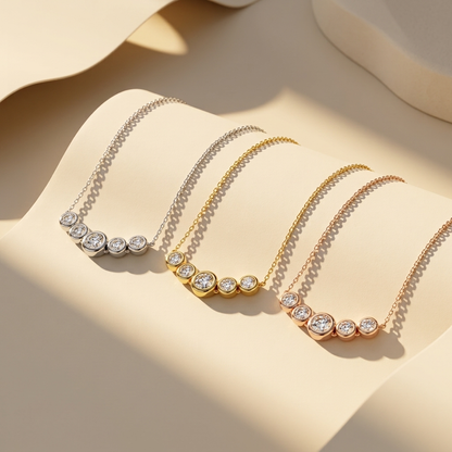 Three tone five stone bezel diamond necklaces in white yellow and rose gold
White yellow and rose gold five stone bezel diamond necklace collection
Luxury bezel set five diamond necklaces in three gold finishes
Elegant five stone round diamond necklaces with delicate chains
Fine jewelry five stone bezel diamond necklace collection
Premium bezel set diamond necklaces in white yellow and rose gold
Designer five stone diamond necklace collection for women
Modern bezel set five diamond necklaces in three gold c