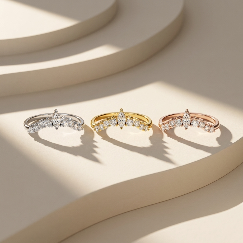 Three tone marquise diamond crown bands in white yellow and rose gold
White yellow and rose gold marquise diamond crown band collection
Luxury marquise diamond crown bands in three gold finishes
Elegant curved marquise diamond bands with round brilliant diamonds
Fine jewelry marquise diamond crown band collection displayed together
Premium marquise diamond bands in white yellow and rose gold
Designer marquise diamond crown band collection
Modern crown style diamond bands in three gold colors
Sparkling marqu