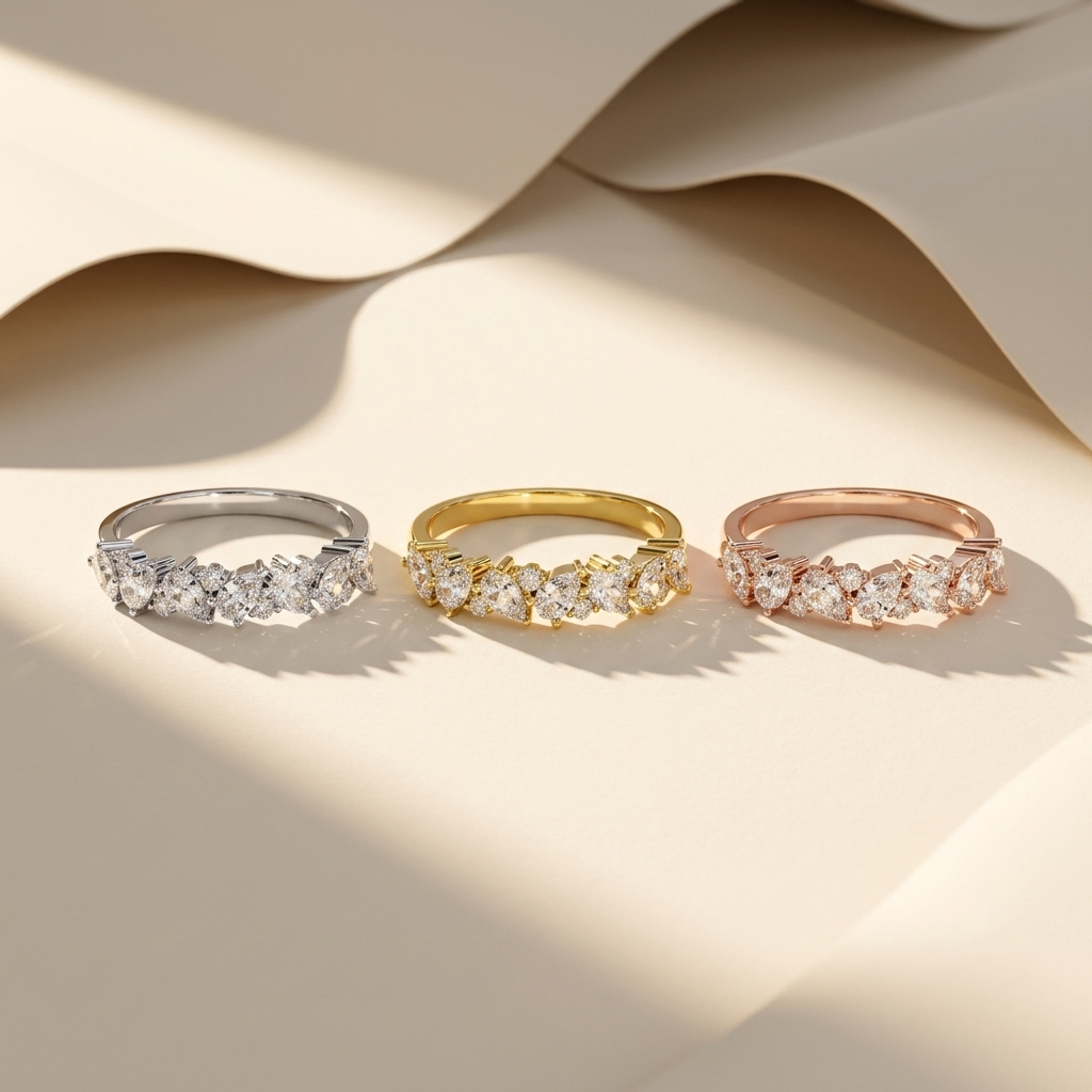 Three tone mixed cut diamond bands in white yellow and rose gold
White yellow and rose gold mixed cut diamond band collection
Luxury mixed shape diamond bands in three gold finishes
Elegant pear marquise and round diamond band collection
Fine jewelry mixed cut diamond bands displayed together
Premium diamond bands in white yellow and rose gold
Designer mixed cut diamond band collection close up
Modern multi shape diamond bands in three gold colors
Sparkling mixed cut diamond bands for everyday elegance
Time