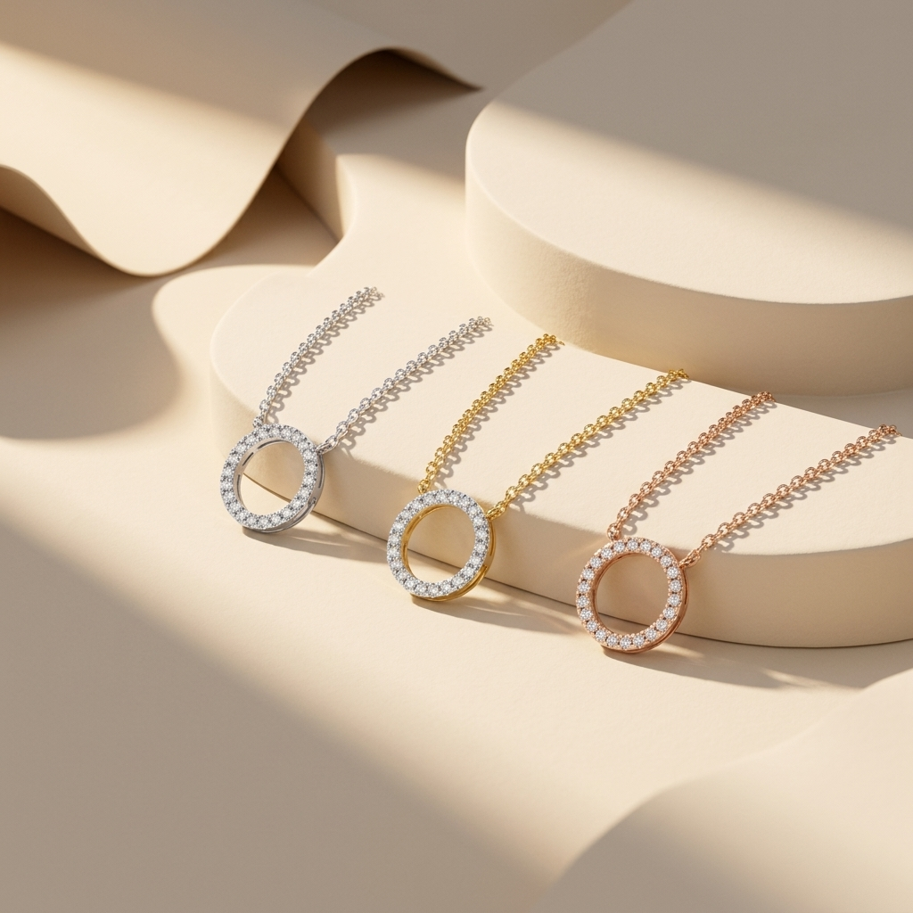 Three tone open circle diamond pendant necklaces in white yellow and rose gold
White yellow and rose gold diamond circle pendant necklace collection
Luxury open circle diamond pendants in three gold finishes
Elegant round diamond circle pendant necklaces displayed together
Fine jewelry open circle diamond pendant collection
Premium diamond circle necklaces in white yellow and rose gold
Designer pavé diamond open circle pendant necklace collection
Modern open circle diamond pendants with matching chains
Spar