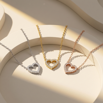 Three tone open heart diamond pendant necklaces in white yellow and rose gold
White yellow and rose gold open heart diamond necklace collection
Luxury open heart diamond pendants in three gold finishes
Elegant open heart pendant necklaces with round brilliant diamonds
Fine jewelry open heart diamond pendant collection
Premium open heart diamond necklaces in white yellow and rose gold
Designer open heart diamond pendant collection for women
Modern open heart diamond necklaces in three gold colors
Sparkling o