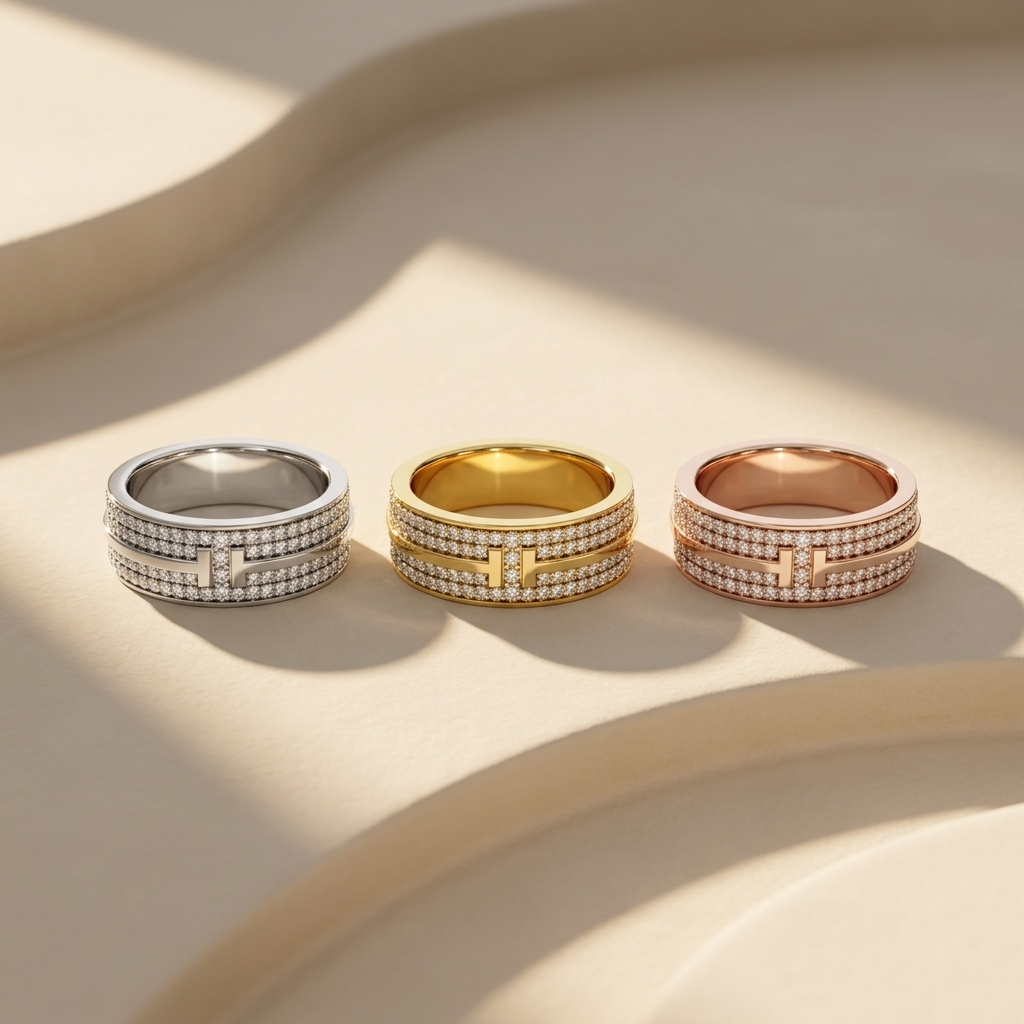 Three tone pavé diamond T bar bands in white yellow and rose gold
White yellow and rose gold T bar diamond band collection
Luxury wide pavé diamond bands in three gold finishes
Elegant T bar diamond bands with multi row pavé setting
Fine jewelry T bar diamond band collection displayed together
Premium pavé diamond T bar bands in white yellow and rose gold
Designer wide diamond T bar band collection
Modern geometric T bar diamond bands in three gold colors
Sparkling multi row diamond T bar band collection
Ti