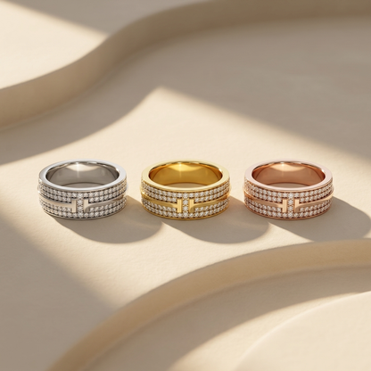 Three tone pavé diamond T bar bands in white yellow and rose gold
White yellow and rose gold T bar diamond band collection
Luxury wide pavé diamond bands in three gold finishes
Elegant T bar diamond bands with multi row pavé setting
Fine jewelry T bar diamond band collection displayed together
Premium pavé diamond T bar bands in white yellow and rose gold
Designer wide diamond T bar band collection
Modern geometric T bar diamond bands in three gold colors
Sparkling multi row diamond T bar band collection
Ti