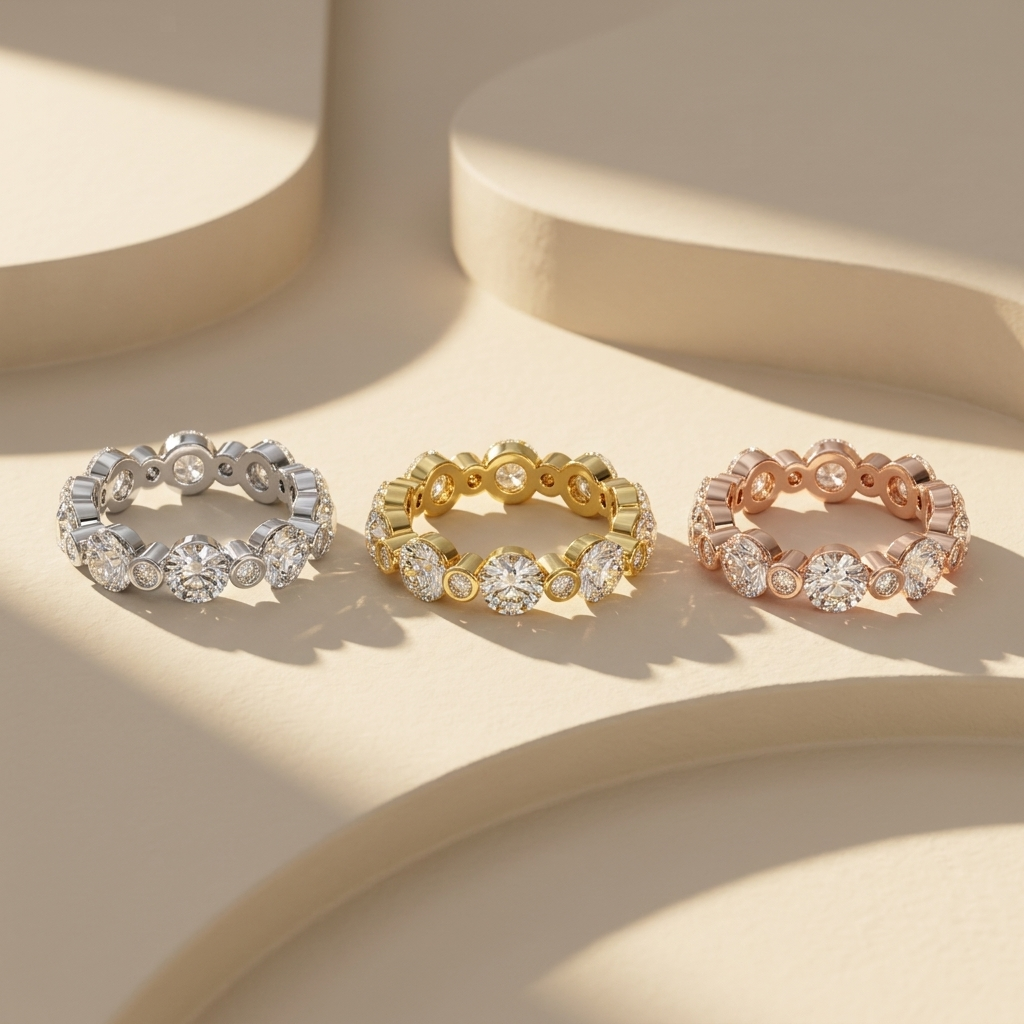 Three tone round bezel diamond bands in white yellow and rose gold
White yellow and rose gold round bezel diamond band collection
Luxury bezel set diamond bands in three gold finishes
Elegant round bezel diamond bands with brilliant round diamonds
Fine jewelry round bezel diamond band collection displayed together
Premium bezel set diamond bands in white yellow and rose gold
Designer round bezel diamond band collection
Modern round bezel diamond bands in three gold colors
Sparkling bezel set round diamond b