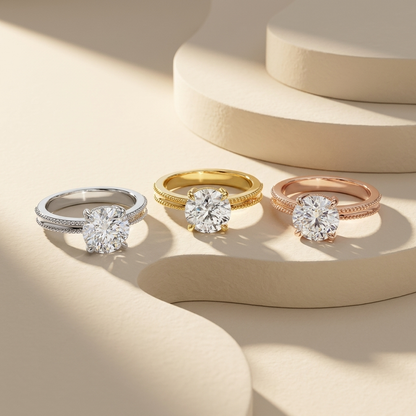 Three tone solitaire rings
Round diamond ring set
White gold solitaire ring
Yellow gold solitaire ring
Rose gold solitaire ring
Double beaded band rings
Round engagement rings
Trio of solitaire rings
Luxury diamond ring set
Beaded diamond rings collection