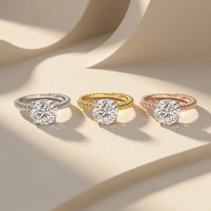 Three tone solitaire rings
Round diamond ring set
White gold solitaire ring
Yellow gold solitaire ring
Rose gold solitaire ring
Ribbed band diamond rings
Round engagement rings
Trio of solitaire rings
Luxury diamond ring set
Textured gold diamond rings