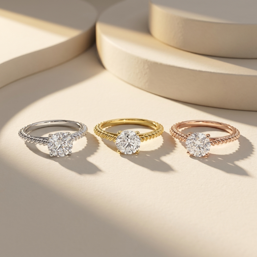Three tone rope rings
Round solitaire ring set
White gold rope ring
Yellow gold rope ring
Rose gold rope ring
Rope band engagement rings
Round diamond solitaire set
Trio of diamond rings
Luxury rope ring set
Three metal solitaire rings