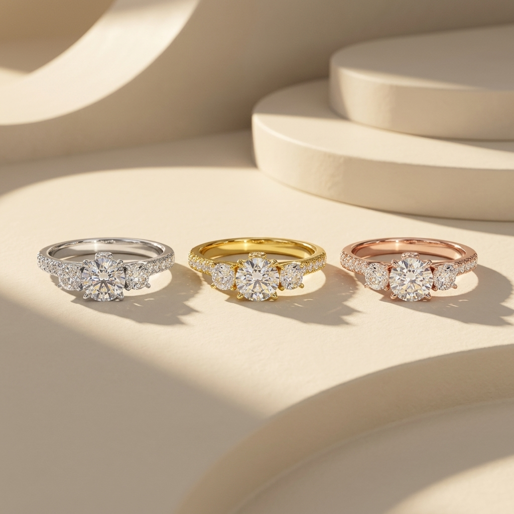 Three tone diamond rings
Three stone diamond rings
Round diamond ring set
White gold diamond ring
Yellow gold diamond ring
Rose gold diamond ring
Diamond engagement rings
Trio of diamond rings
Luxury diamond ring set
Classic three stone rings
