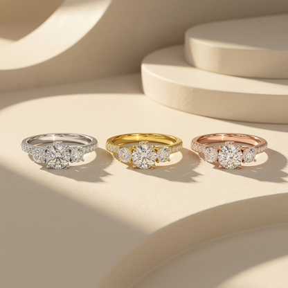 Three tone diamond rings
Three stone diamond rings
Round diamond ring set
White gold diamond ring
Yellow gold diamond ring
Rose gold diamond ring
Diamond engagement rings
Trio of diamond rings
Luxury diamond ring set
Classic three stone rings