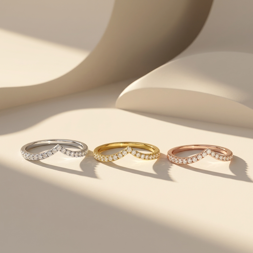 Three tone V shape diamond bands in white yellow and rose gold
White yellow and rose gold V shape diamond band collection
Luxury V shaped diamond bands in three gold finishes
Elegant chevron diamond bands with round brilliant diamonds
Fine jewelry V shape diamond band collection displayed together
Premium V contour diamond bands in white yellow and rose gold
Designer V shape diamond band collection for women
Modern chevron diamond bands in three gold colors
Sparkling V shape diamond band collection for stac