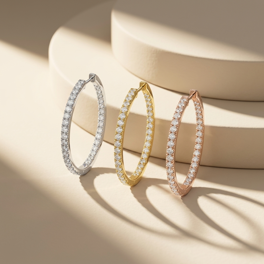 Diamond hoop earrings in white yellow and rose gold
Luxury hoop earrings in three gold finishes
White yellow and rose gold diamond hoops
Premium diamond hoop earring collection
Fine jewelry hoop earrings comparison
Elegant gold hoop earrings display
Modern diamond hoops in three metals
Sparkling pavé hoop earrings collection
Luxury diamond earrings showcase
Classic hoop earrings with diamonds in multiple gold colors
