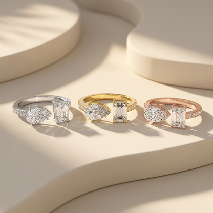Toi et Moi rings in three gold tones.
Pear and emerald diamond rings in white, yellow, and rose gold.
Toi et Moi ring collection.
Two stone diamond rings in three finishes.
Pear and emerald engagement ring collection.
Luxury Toi et Moi diamond rings.
Dual stone diamond rings in three gold colors.
Elegant pear and emerald cut rings.
Two stone rings with pavé bands.
Modern Toi et Moi engagement rings.